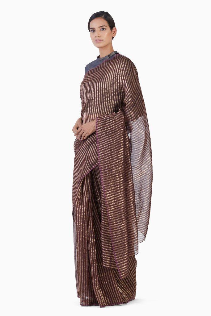Handwoven Purple Gold Striped Silk Zari Saree Sarees by Akaaro for women in Singapore