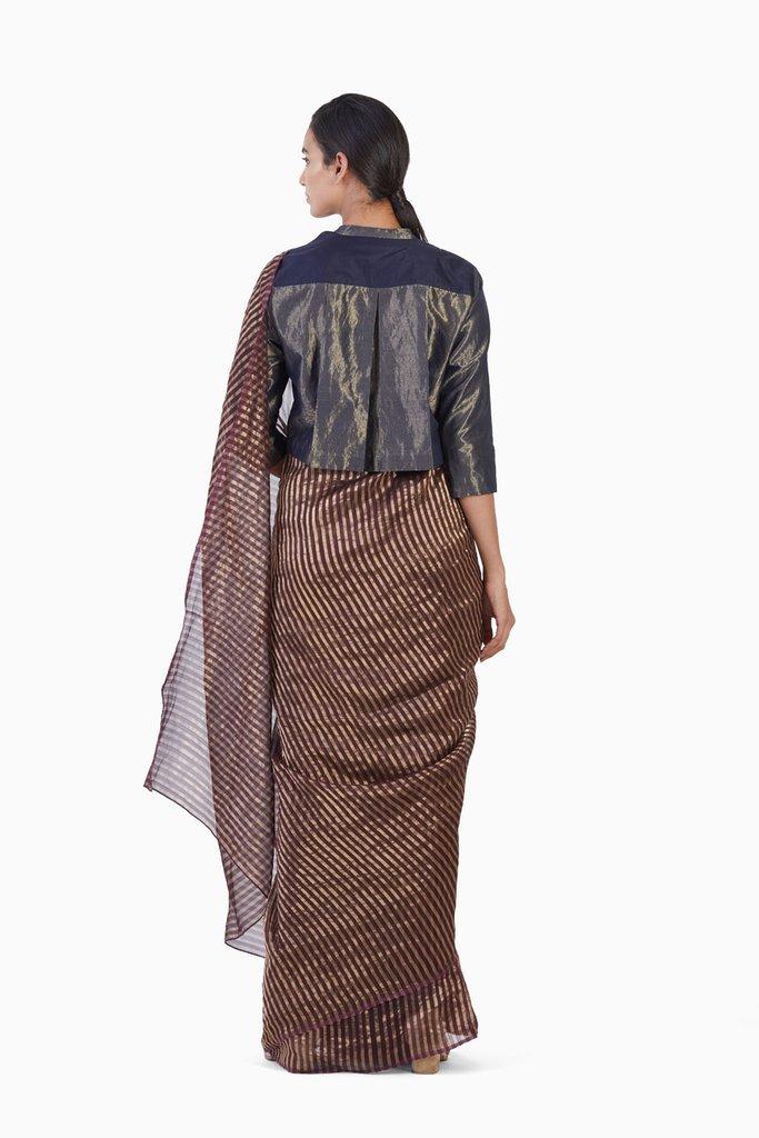 Handwoven Purple Gold Striped Silk Zari Saree Sarees by Akaaro for women in Singapore