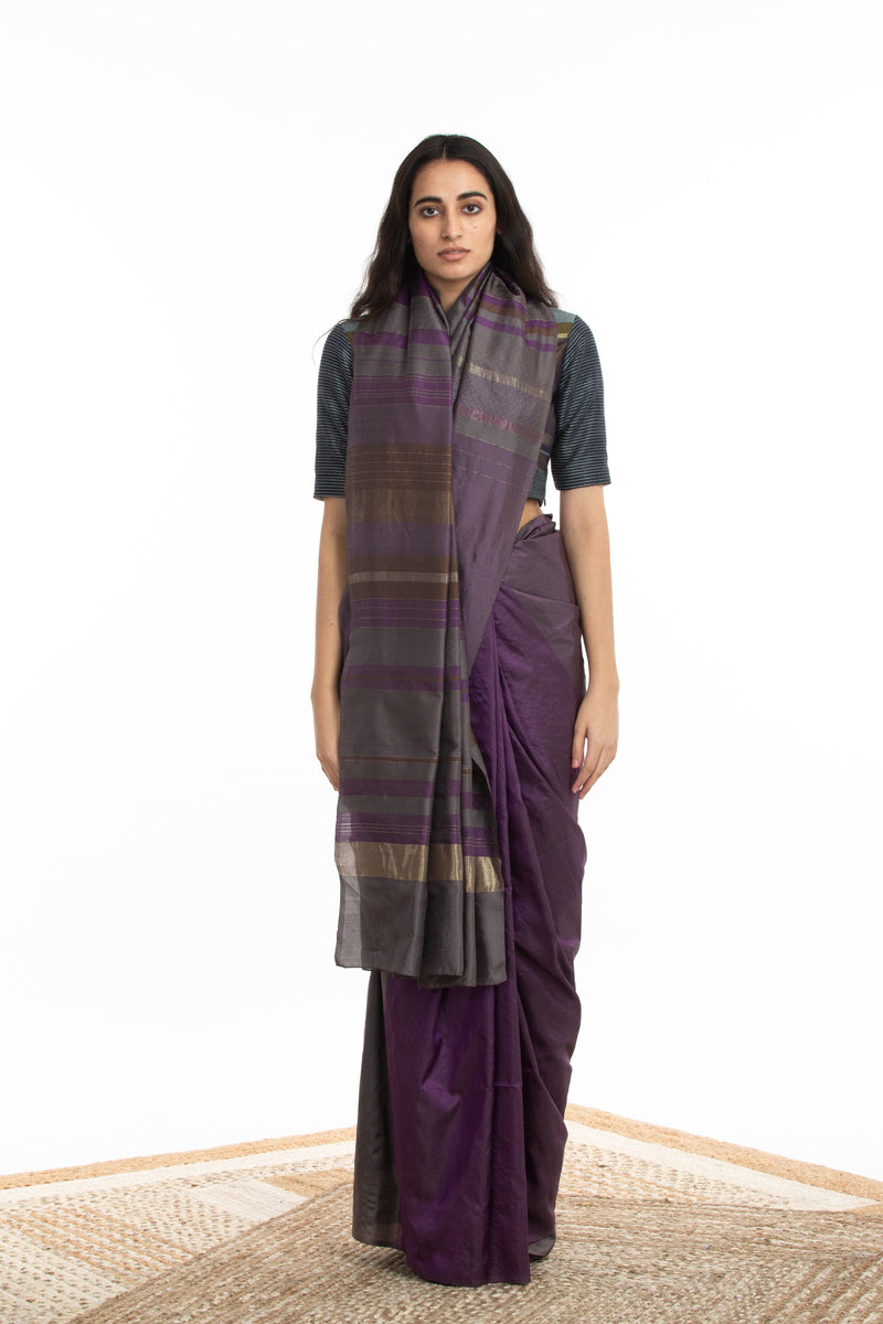 Handwoven Purple Grey Chevron Engineered Saree Sarees by Akaaro for women in Singapore