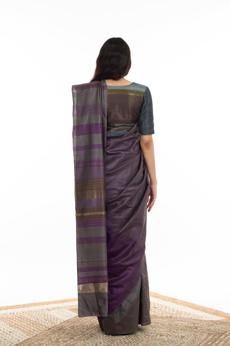 Handwoven Purple Grey Chevron Engineered Saree Sarees by Akaaro for women in Singapore