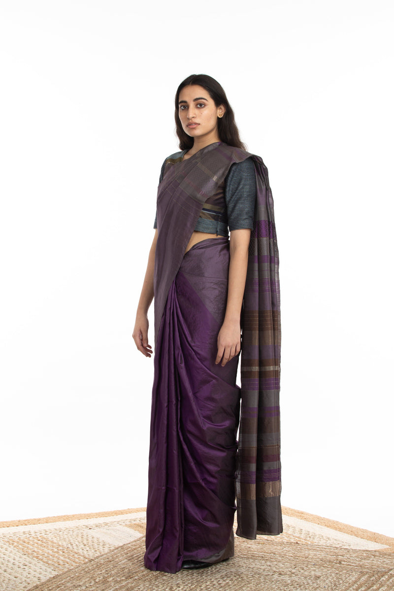 Handwoven Purple Grey Chevron Engineered Saree Sarees by Akaaro for women in Singapore