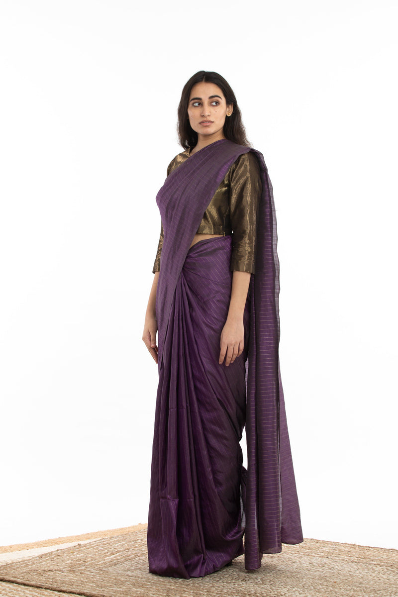 Handwoven Purple Zari Striped Silk Saree Sarees by Akaaro for women in Singapore