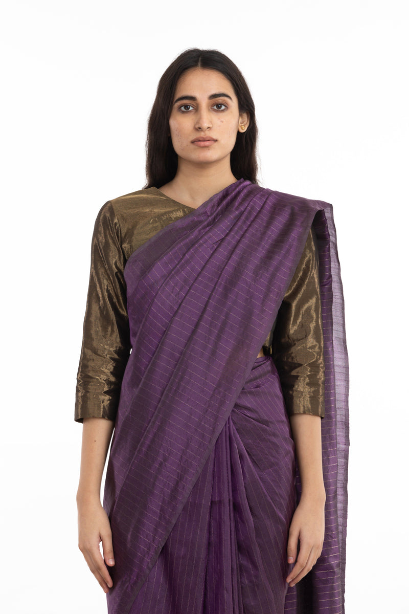 Handwoven Purple Zari Striped Silk Saree Sarees by Akaaro for women in Singapore