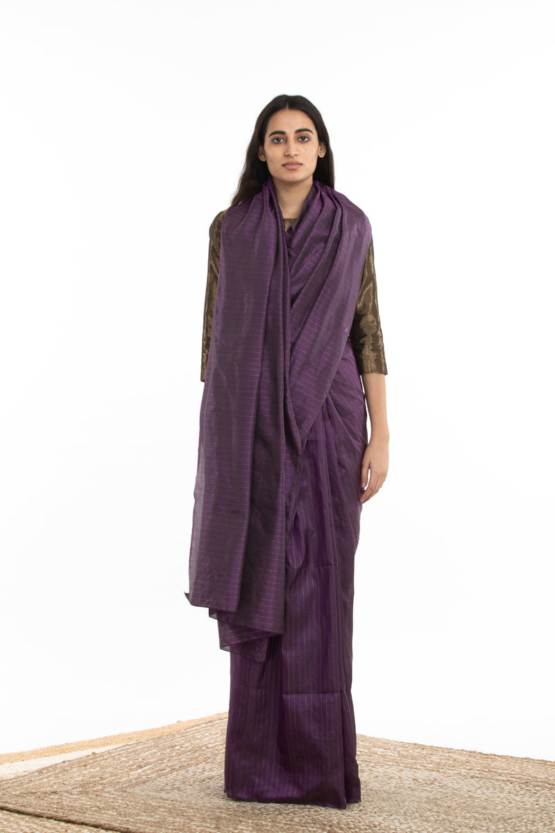 Handwoven Purple Zari Striped Silk Saree Sarees by Akaaro for women in Singapore