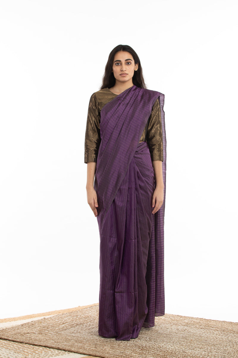 Handwoven Purple Zari Striped Silk Saree Sarees by Akaaro for women in Singapore