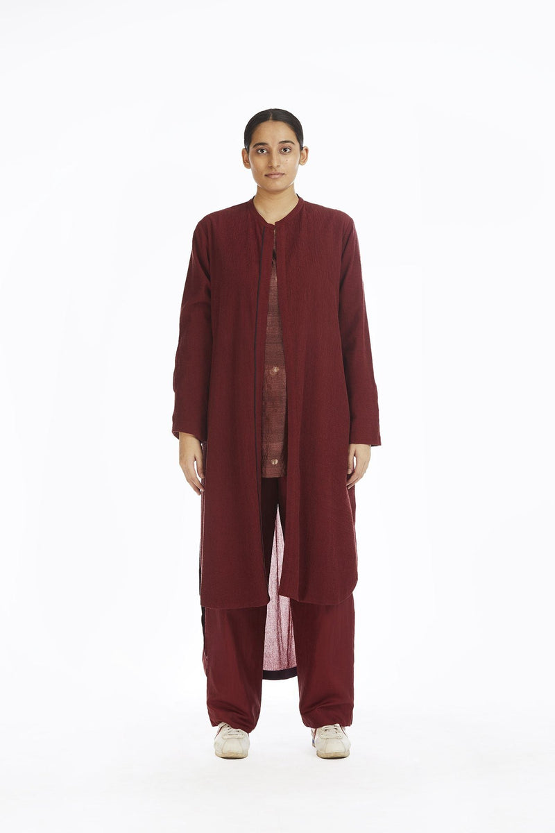 Handwoven Red Bamboo Textured Long Overlay Jackets & Overlays by Akaaro for women in Singapore