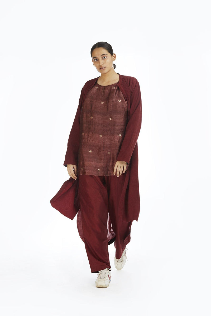 Handwoven Red Bamboo Textured Long Overlay Jackets & Overlays by Akaaro for women in Singapore