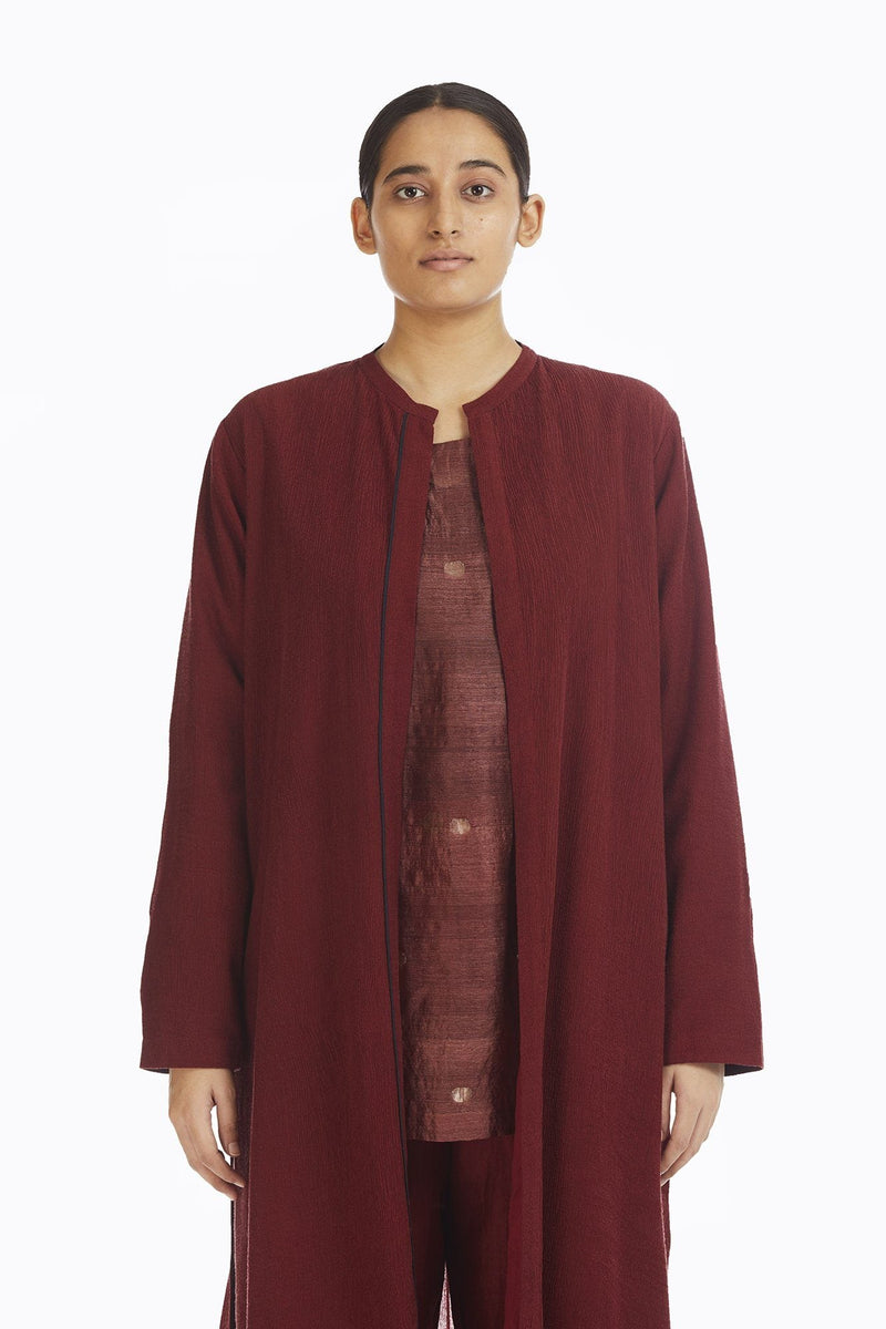Handwoven Red Bamboo Textured Long Overlay Jackets & Overlays by Akaaro for women in Singapore