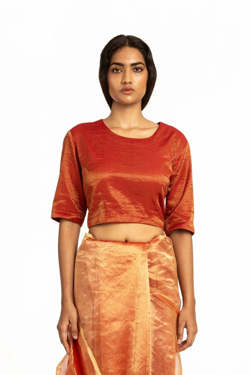 Handwoven Red Chanderi Round Neck Blouse Fashion Akaaro