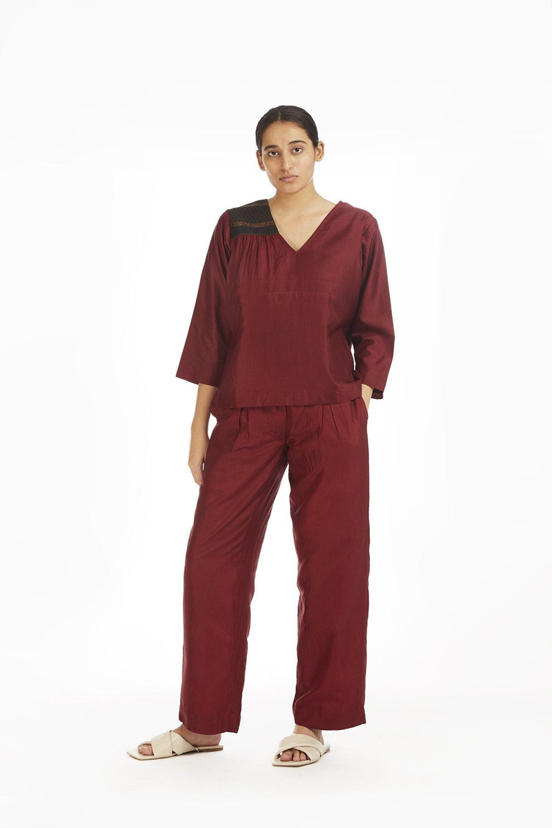 Handwoven Red Silk Straight Pants Bottoms by Akaaro for women in Singapore