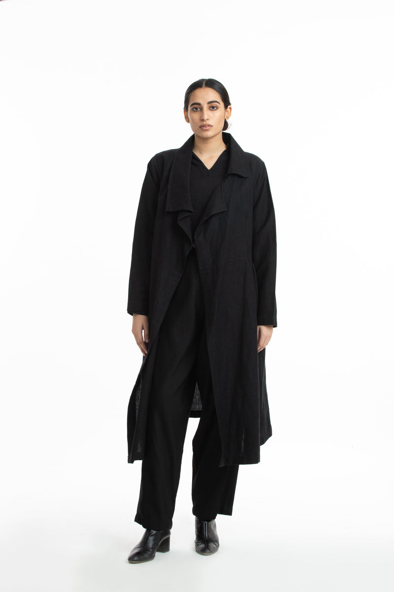Handwoven Side Gathered Black Long Jacket Jackets & Overlays by Akaaro in black color for women in Singapore
