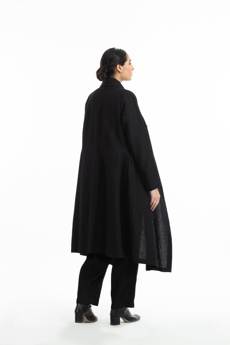 Handwoven Side Gathered Black Long Jacket Jackets & Overlays by Akaaro in black color for women in Singapore