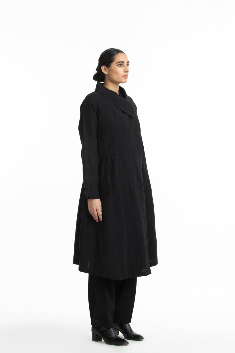 Handwoven Side Gathered Black Long Jacket Jackets & Overlays by Akaaro in black color for women in Singapore