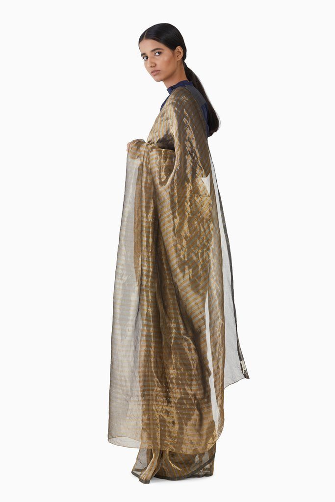 Handwoven Silver Gold Striped Saree Sarees by Akaaro for women in Singapore