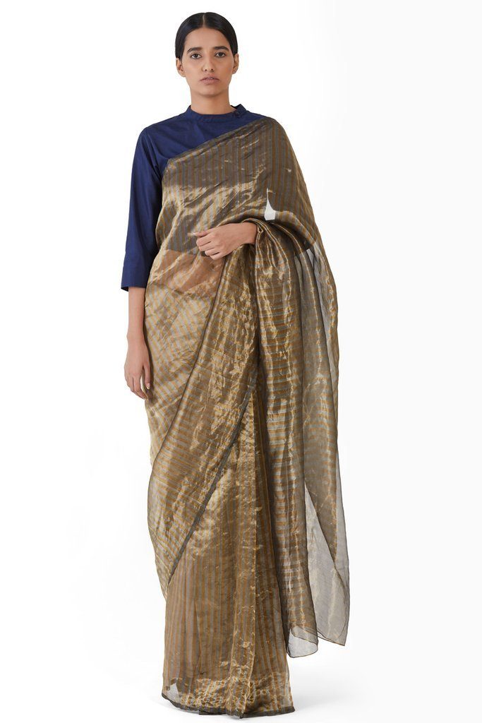 Handwoven Silver Gold Striped Saree Sarees by Akaaro for women in Singapore