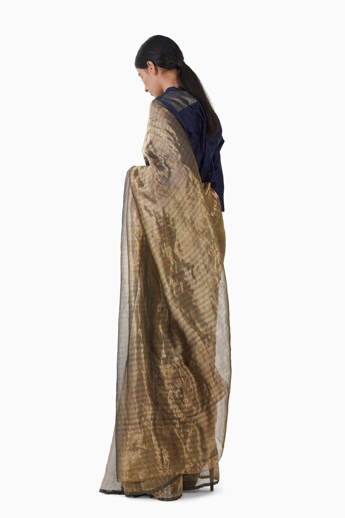 Handwoven Silver Gold Striped Saree Sarees by Akaaro for women in Singapore