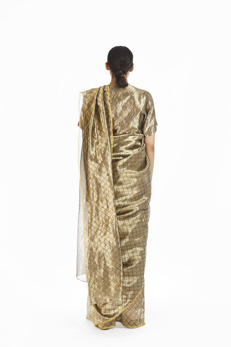 Handwoven Silver On Gold Longline Saree Sarees by Akaaro for women in Singapore
