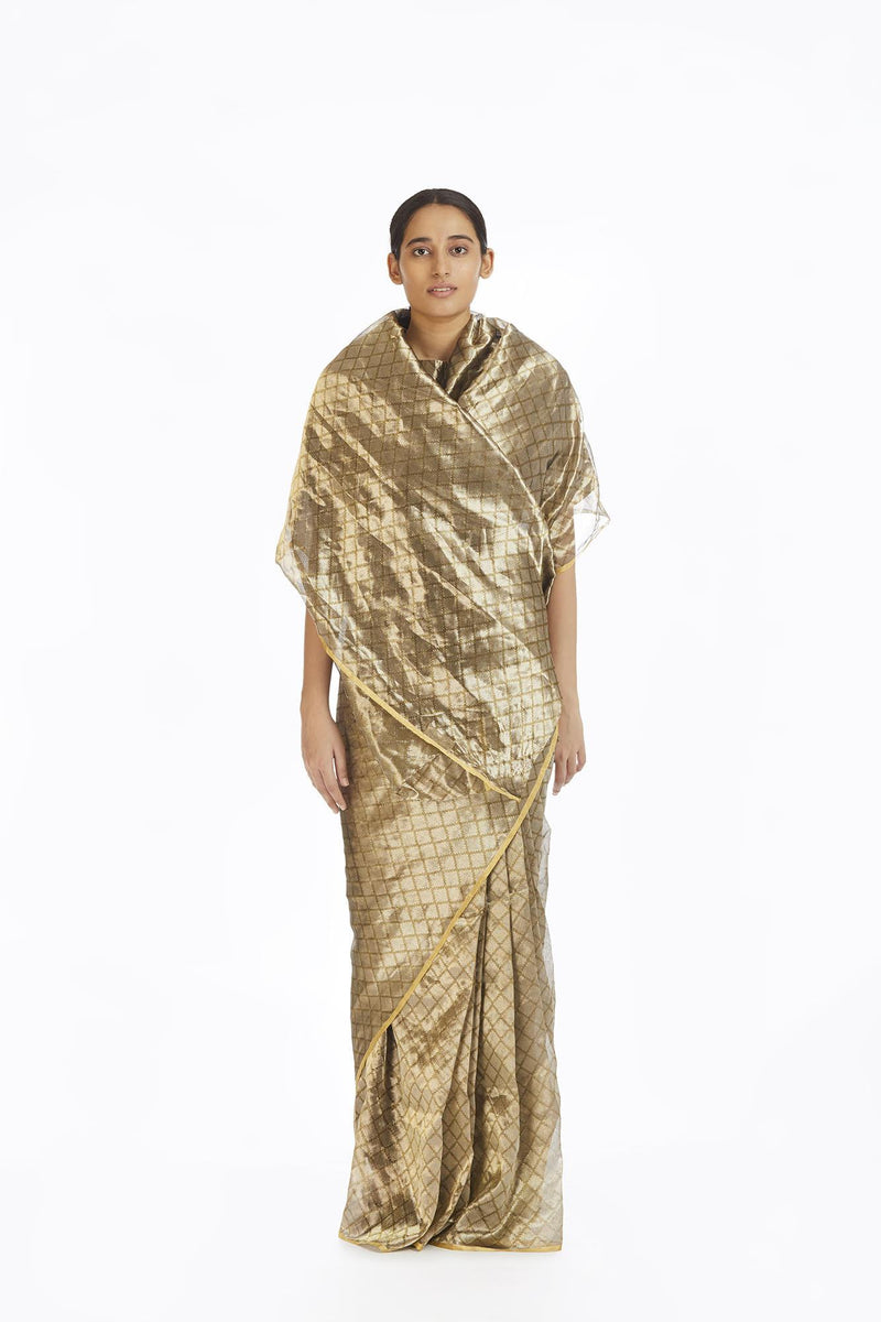 Handwoven Silver On Gold Longline Saree Sarees by Akaaro for women in Singapore