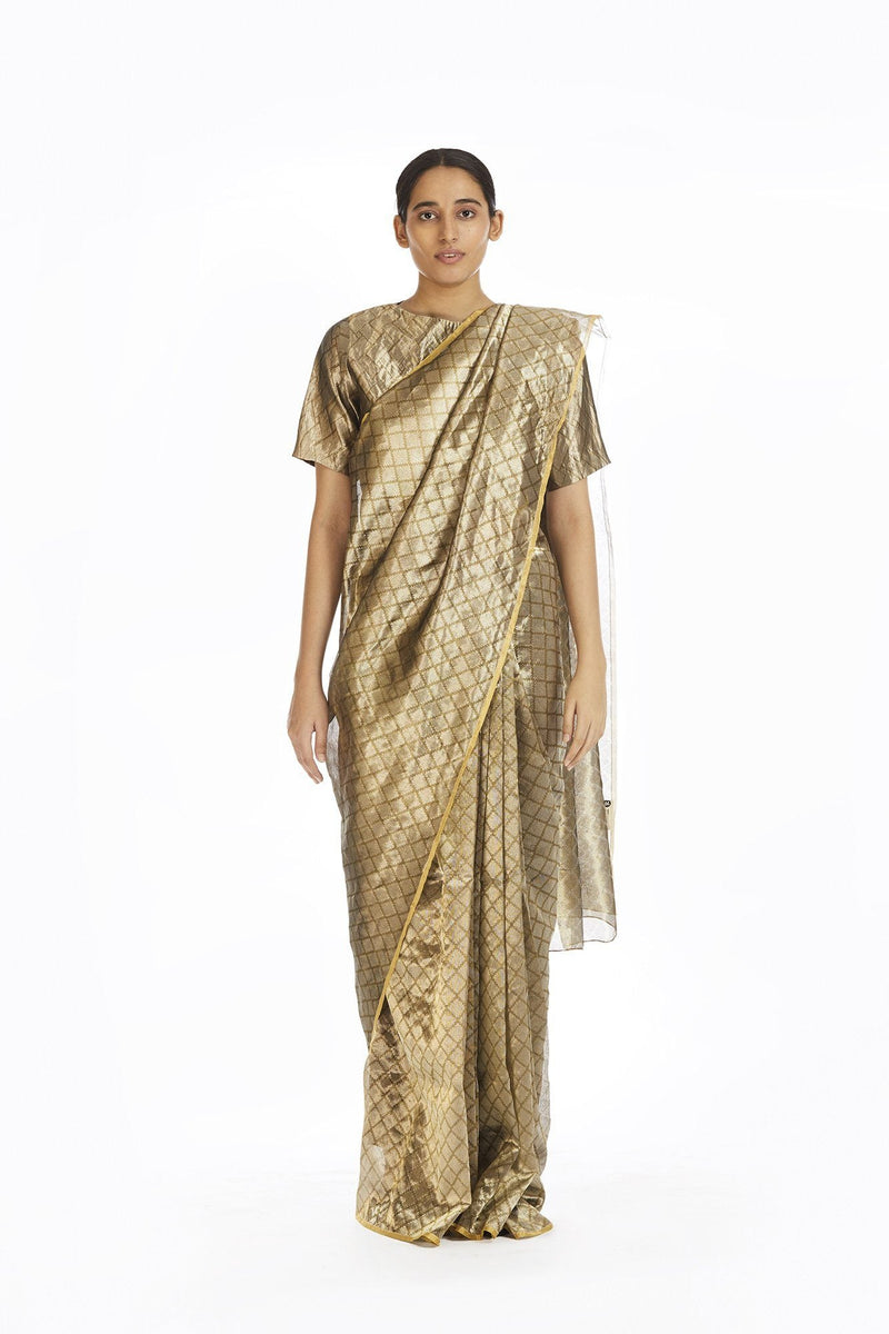 Handwoven Silver On Gold Longline Saree Sarees by Akaaro for women in Singapore
