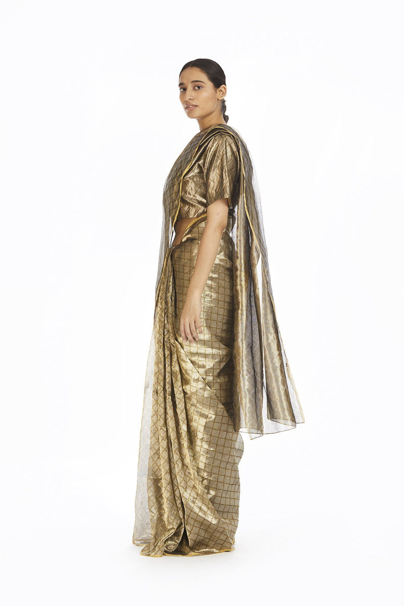 Handwoven Silver On Gold Longline Saree Sarees by Akaaro for women in Singapore