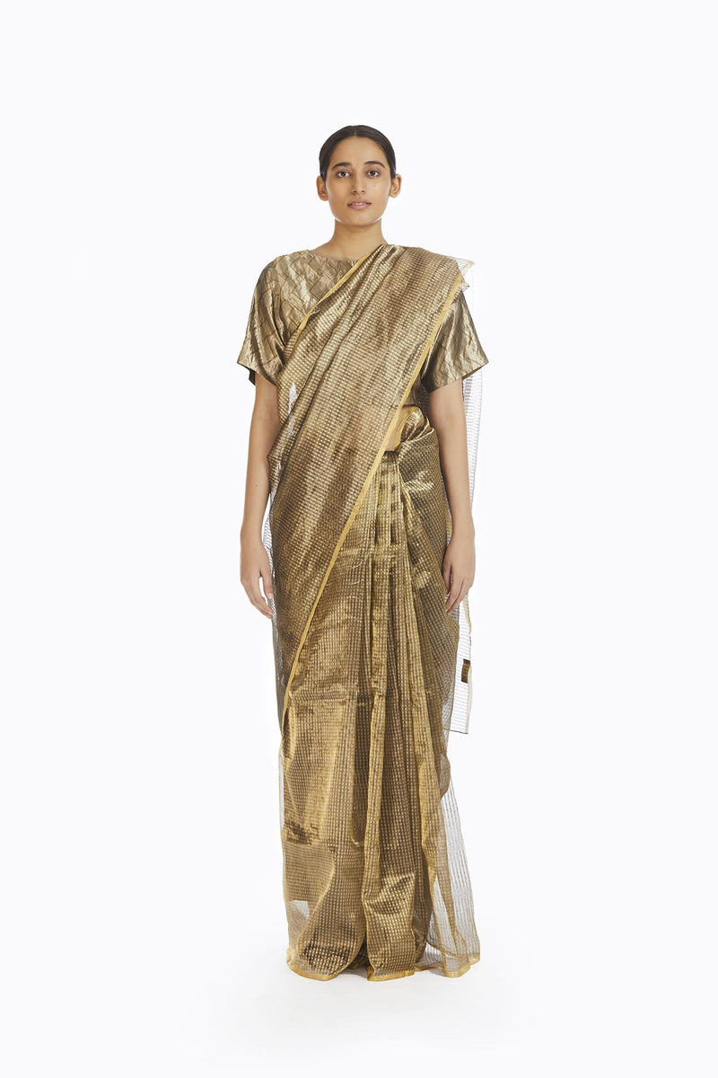 Handwoven Silver On Gold Textured Metallic Saree Sarees by Akaaro for women in Singapore