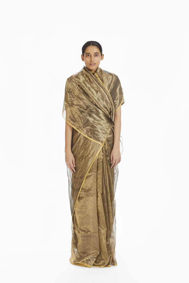 Handwoven Silver On Gold Textured Metallic Saree Sarees by Akaaro for women in Singapore