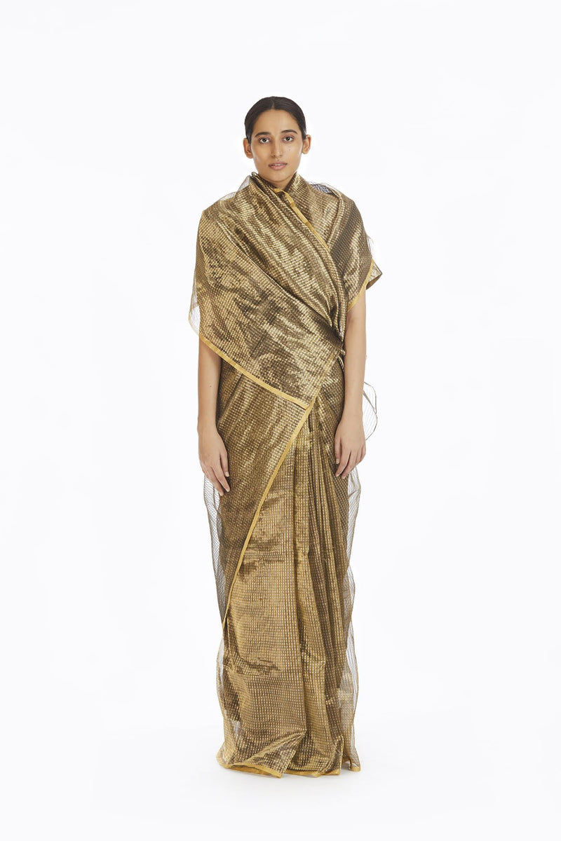 Handwoven Silver On Gold Textured Metallic Saree Sarees by Akaaro for women in Singapore