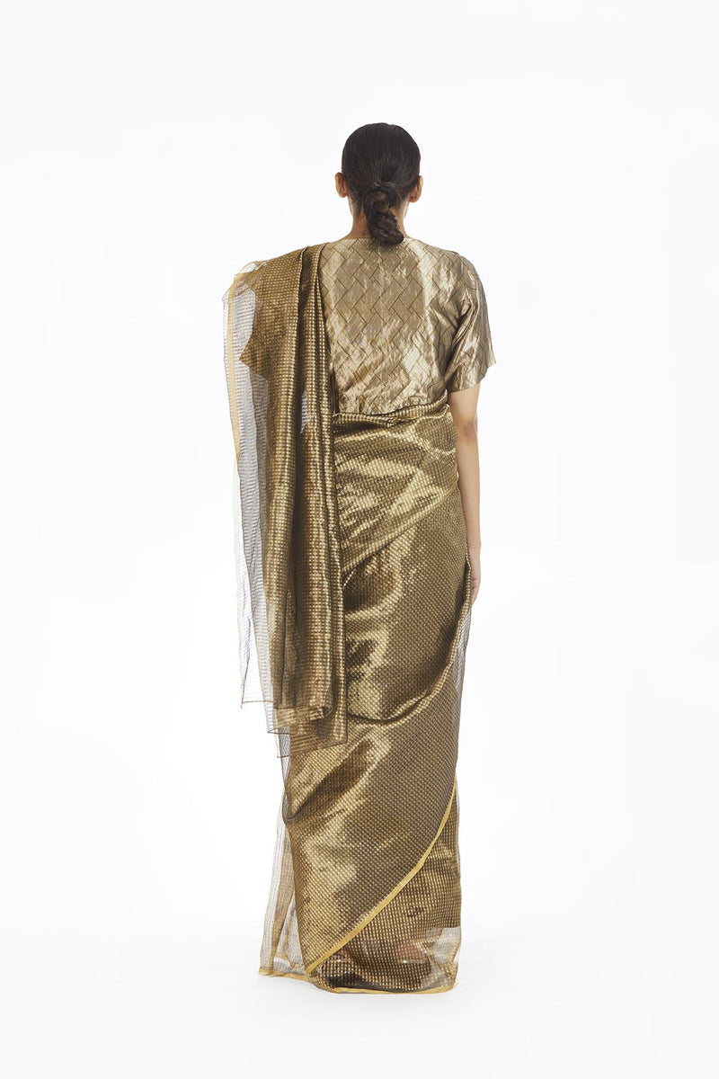 Handwoven Silver On Gold Textured Metallic Saree Sarees by Akaaro for women in Singapore