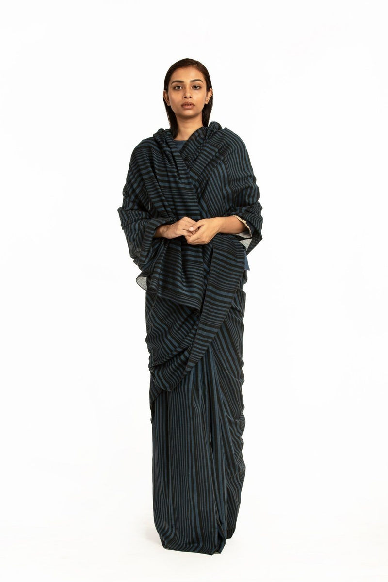 Handwoven Striped Blue Black Cotton Saree Fashion Akaaro