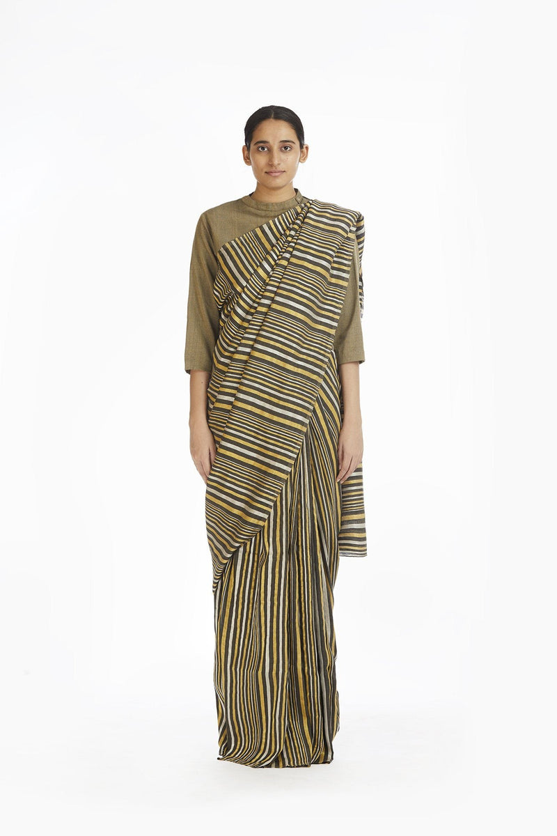Handwoven Striped Linen Zari Cotton Silk Saree linen Sarees by Akaaro for women in Singapore