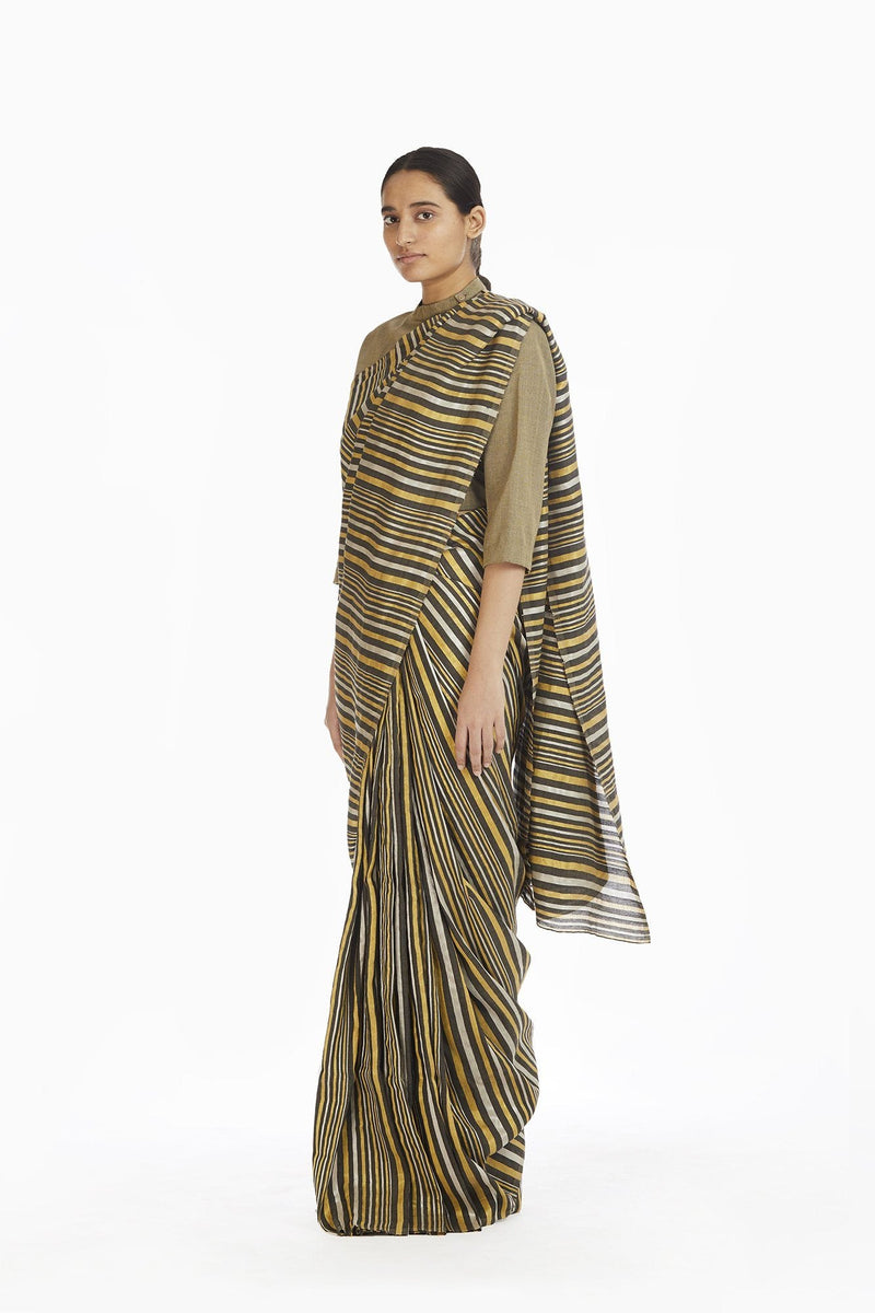 Handwoven Striped Linen Zari Cotton Silk Saree linen Sarees by Akaaro for women in Singapore