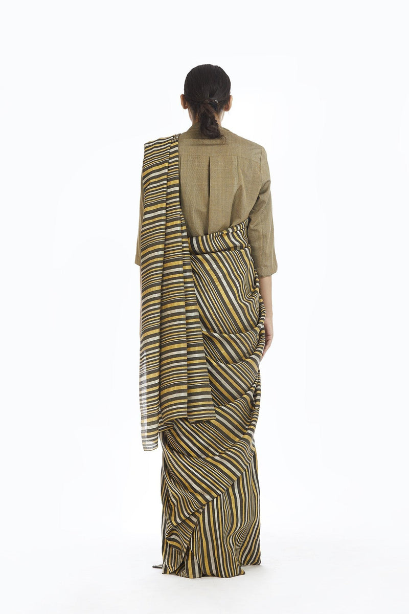 Handwoven Striped Linen Zari Cotton Silk Saree linen Sarees by Akaaro for women in Singapore