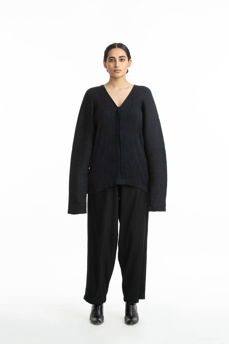 Handwoven V Neck Black Kinji Top Top & Tunics by Akaaro in black color for women in Singapore