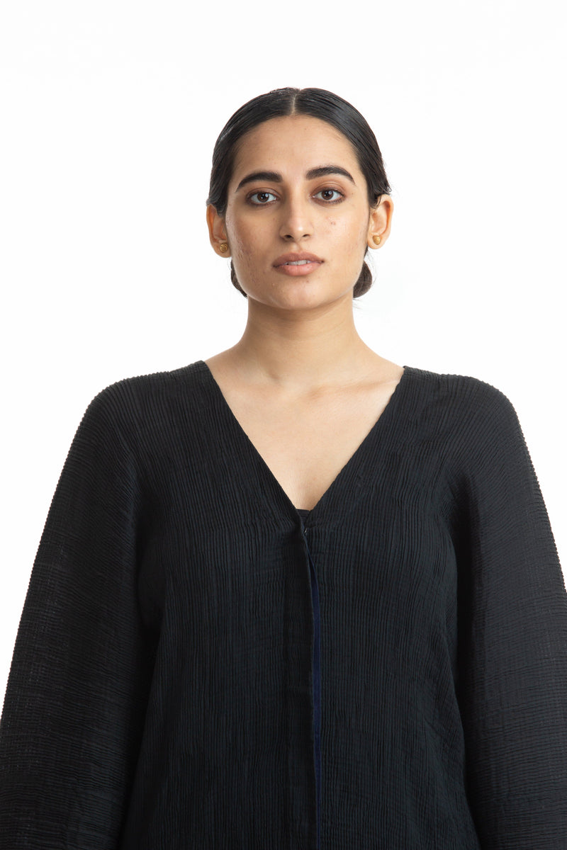 Handwoven V Neck Black Kinji Top Top & Tunics by Akaaro in black color for women in Singapore