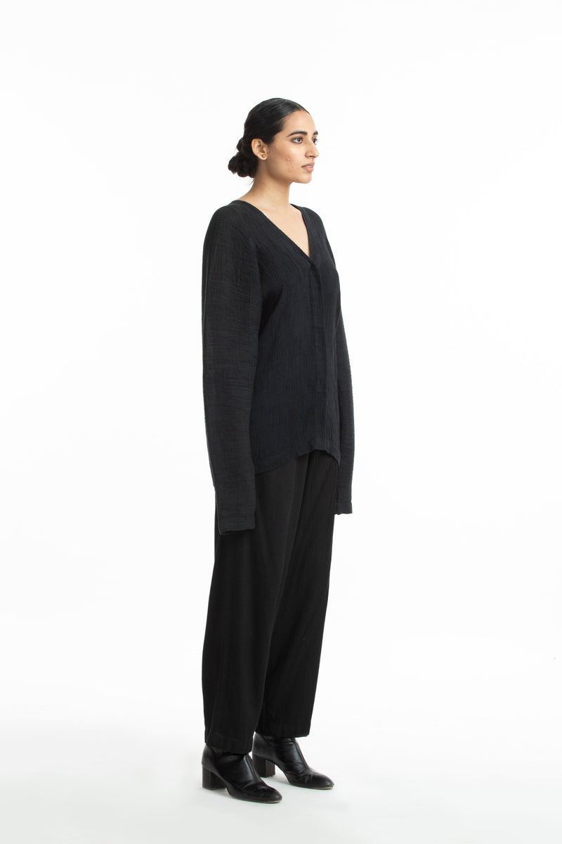 Handwoven V Neck Black Kinji Top Top & Tunics by Akaaro in black color for women in Singapore
