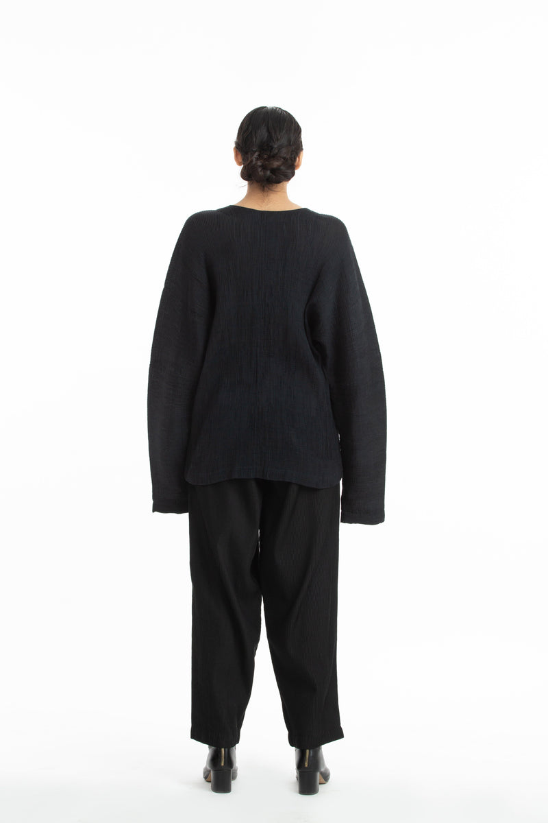 Handwoven V Neck Black Kinji Top Top & Tunics by Akaaro in black color for women in Singapore