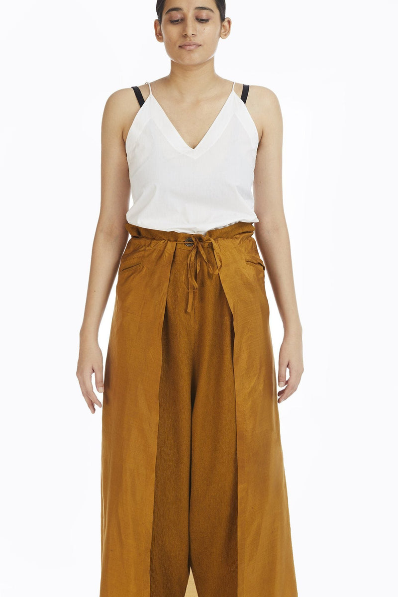 Handwoven Yellow Crinkle Wrap Around Trousers Bottoms by Akaaro for women in Singapore