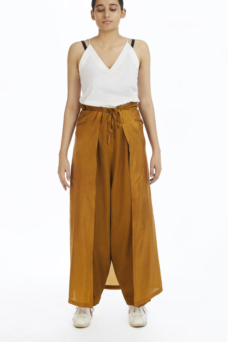 Handwoven Yellow Crinkle Wrap Around Trousers Bottoms by Akaaro for women in Singapore