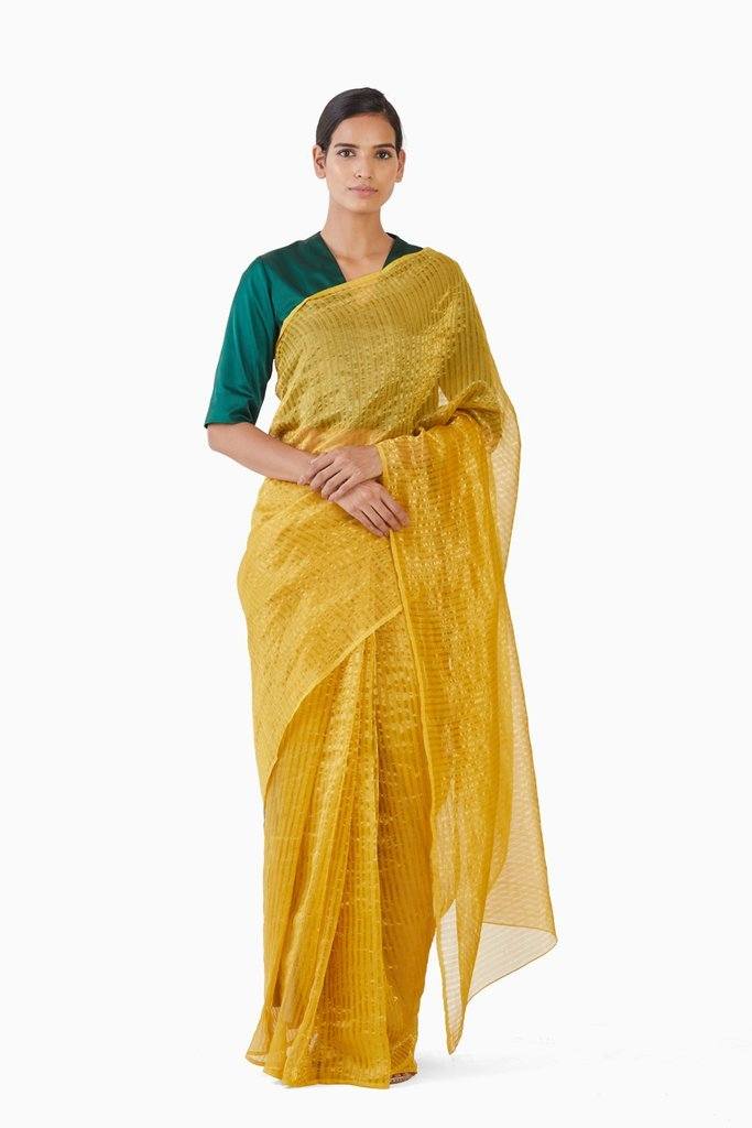 Handwoven Yellow Gold Striped Silk Zari Saree Sarees by Akaaro for women in Singapore