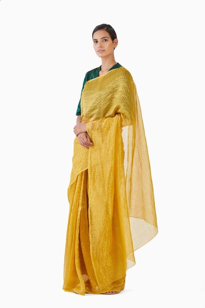 Handwoven Yellow Gold Striped Silk Zari Saree Sarees by Akaaro for women in Singapore