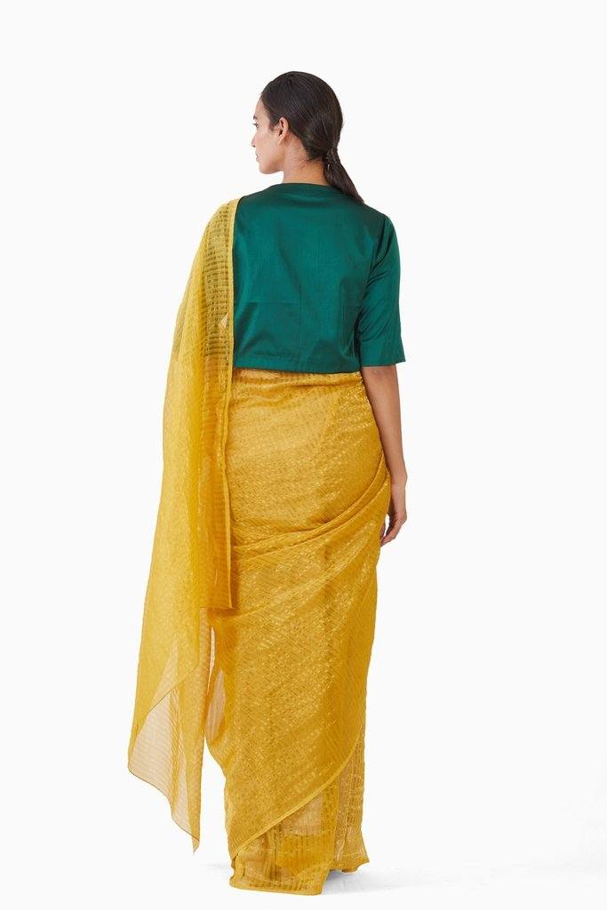 Handwoven Yellow Gold Striped Silk Zari Saree Sarees by Akaaro for women in Singapore