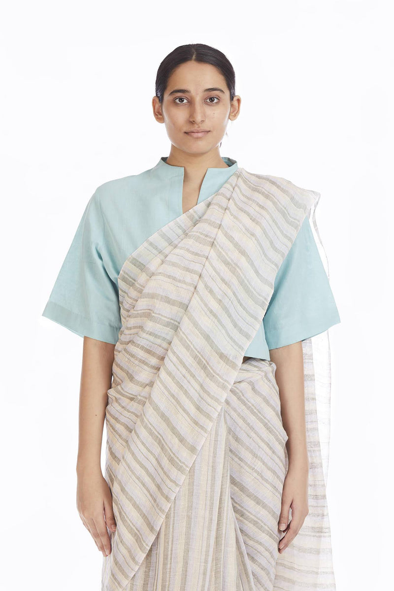 Handwoven Yellow Green Blue Striped Saree linen Sarees by Akaaro for women in Singapore