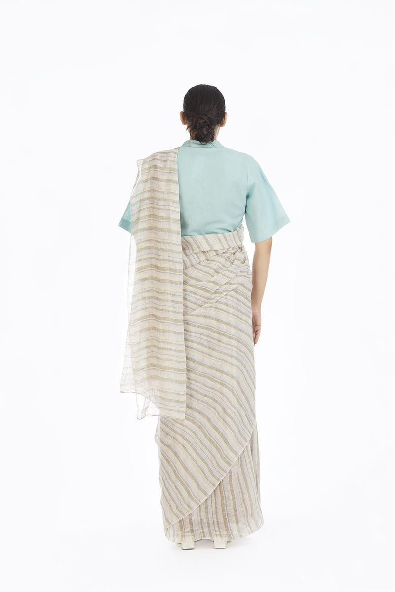 Handwoven Yellow Green Blue Striped Saree linen Sarees by Akaaro for women in Singapore