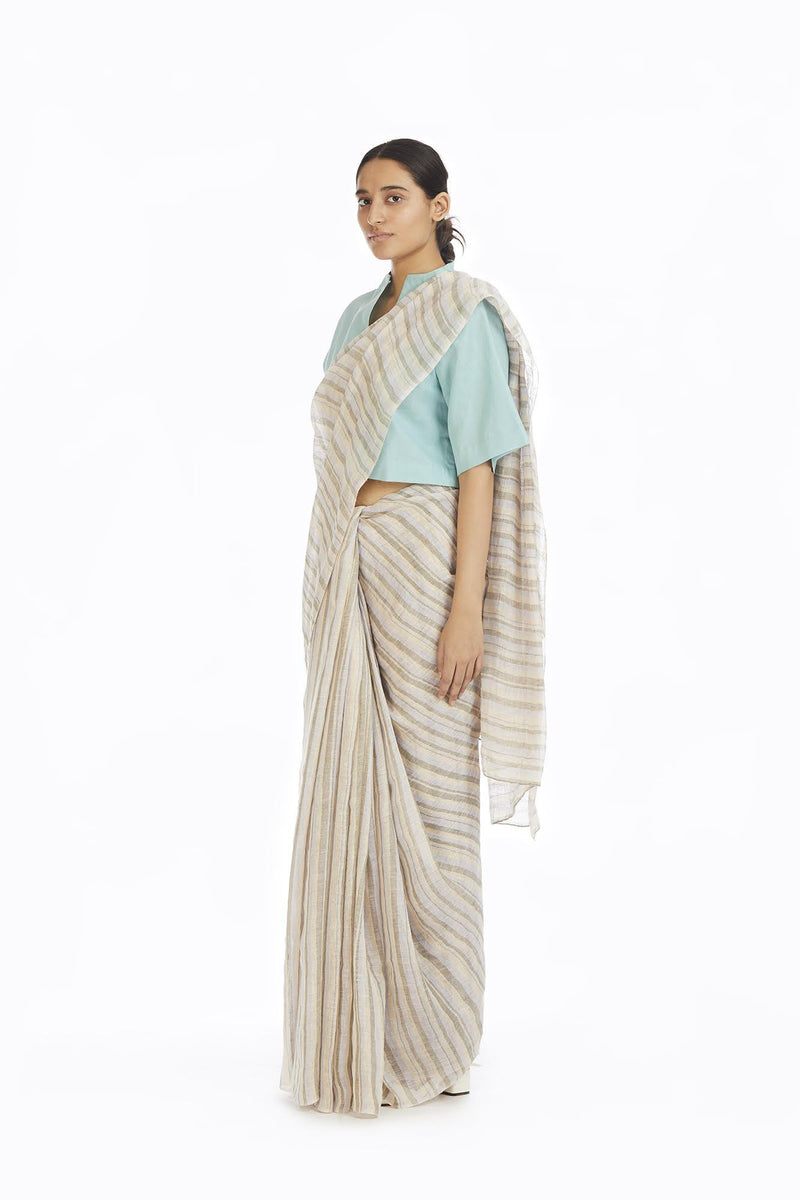 Handwoven Yellow Green Blue Striped Saree linen Sarees by Akaaro for women in Singapore