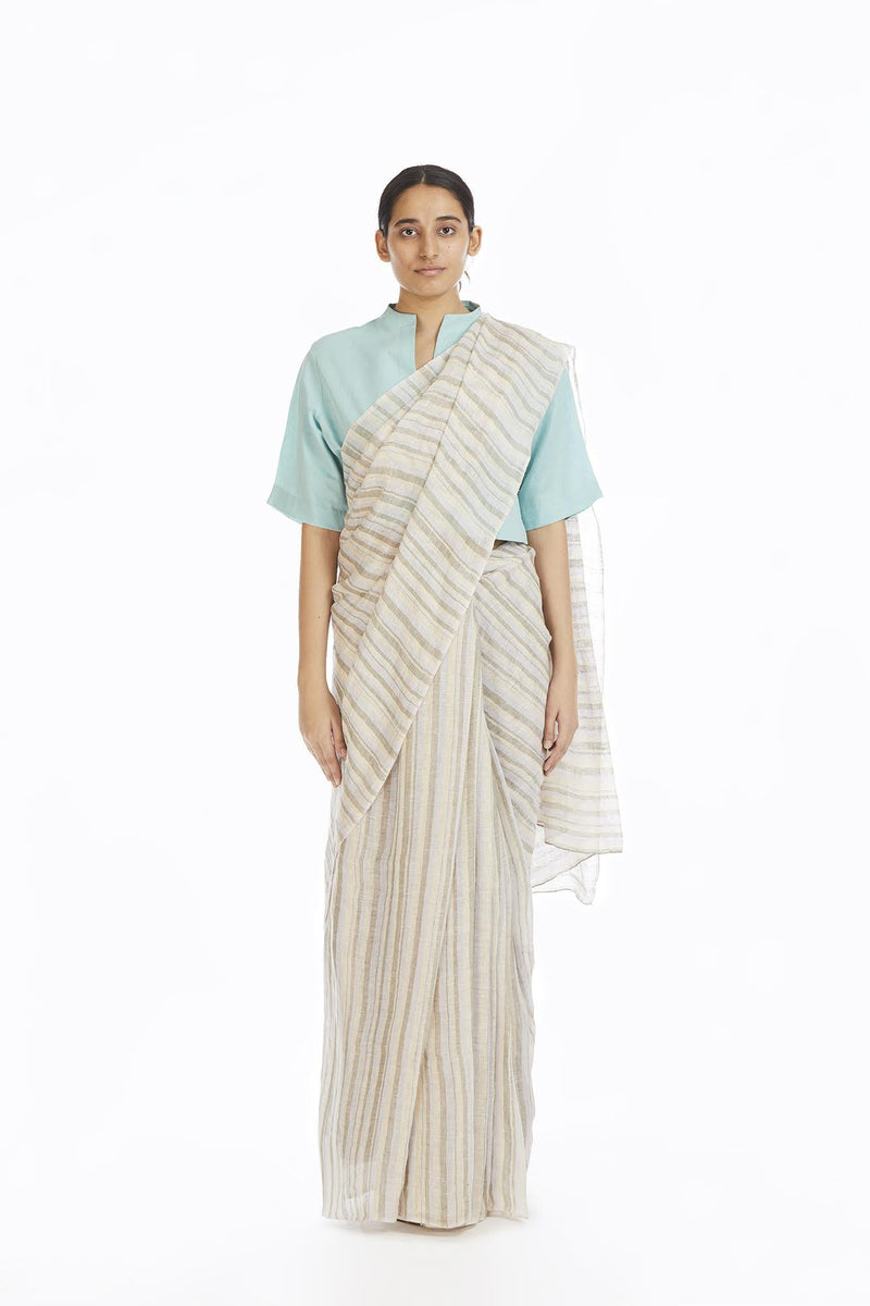 Handwoven Yellow Green Blue Striped Saree linen Sarees by Akaaro for women in Singapore