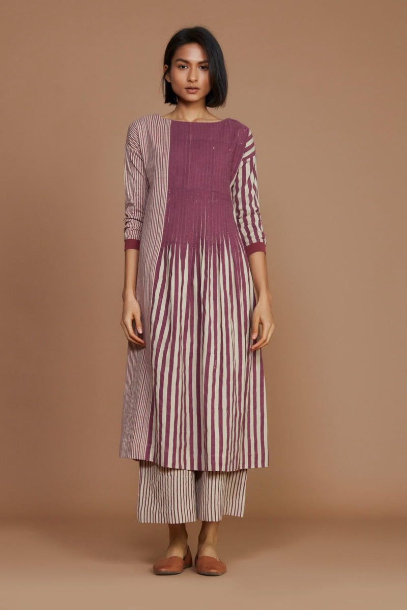 Ivory With Mauve Striped Pleated Co-Ord Set Co-ord Set by Mati for women in Singapore