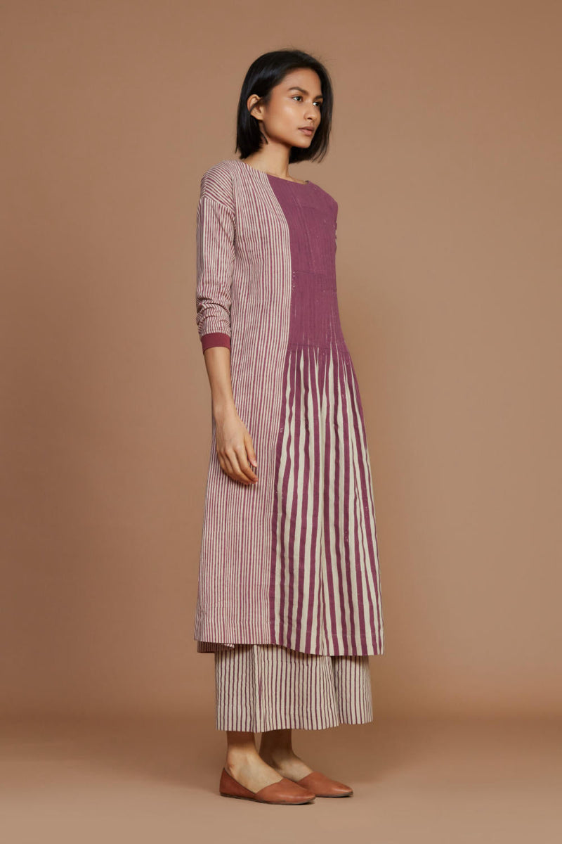 Ivory With Mauve Striped Pleated Co-Ord Set Co-ord Set by Mati for women in Singapore