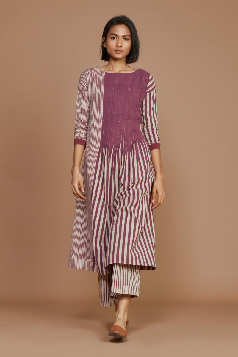 Ivory With Mauve Striped Pleated Co-Ord Set Co-ord Set by Mati for women in Singapore