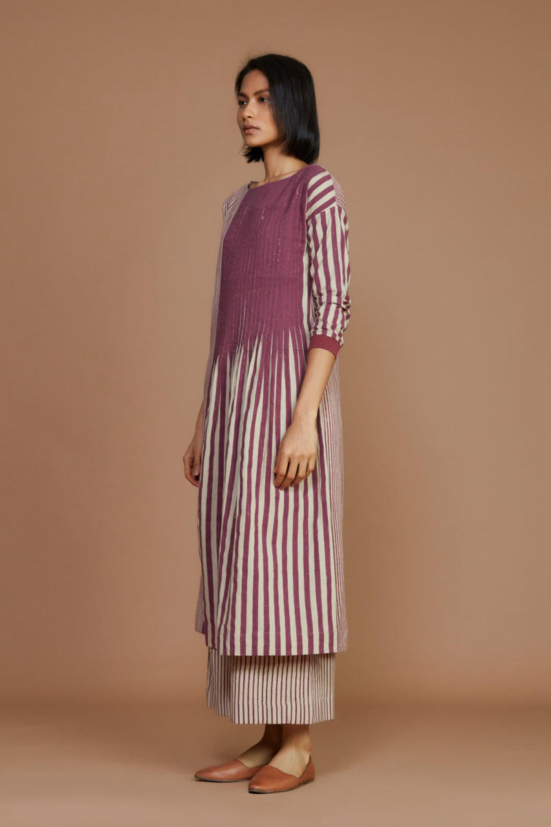 Ivory With Mauve Striped Pleated Co-Ord Set Co-ord Set by Mati for women in Singapore