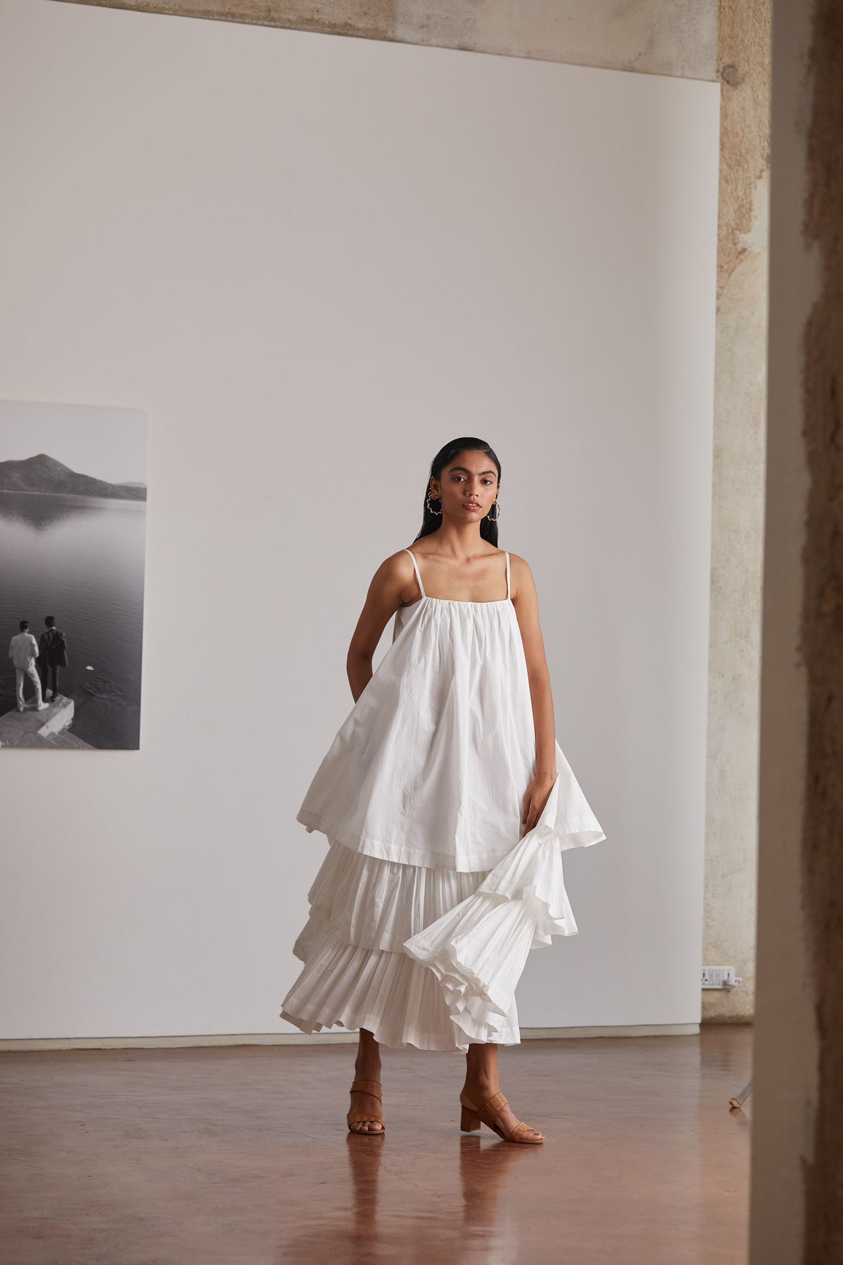 The Summer House Lev white tiered dress in organic cotton cambric with adjustable straps